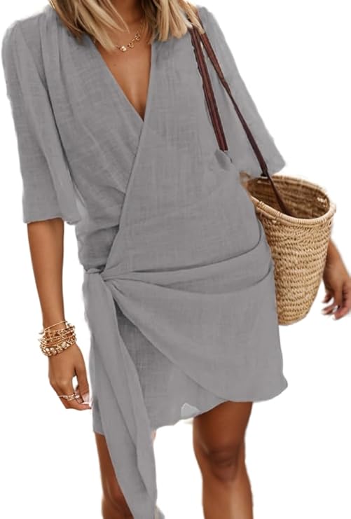 Bohemian Cotton Linen Wrap Dress - Effortless Summer Style