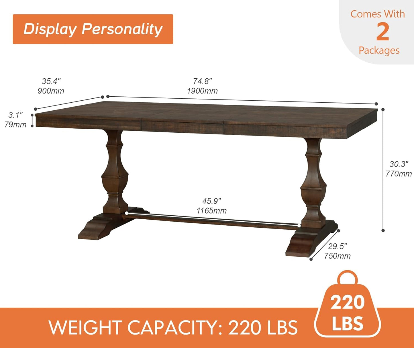 Rustic Walnut Farmhouse Dining Table for 6-8