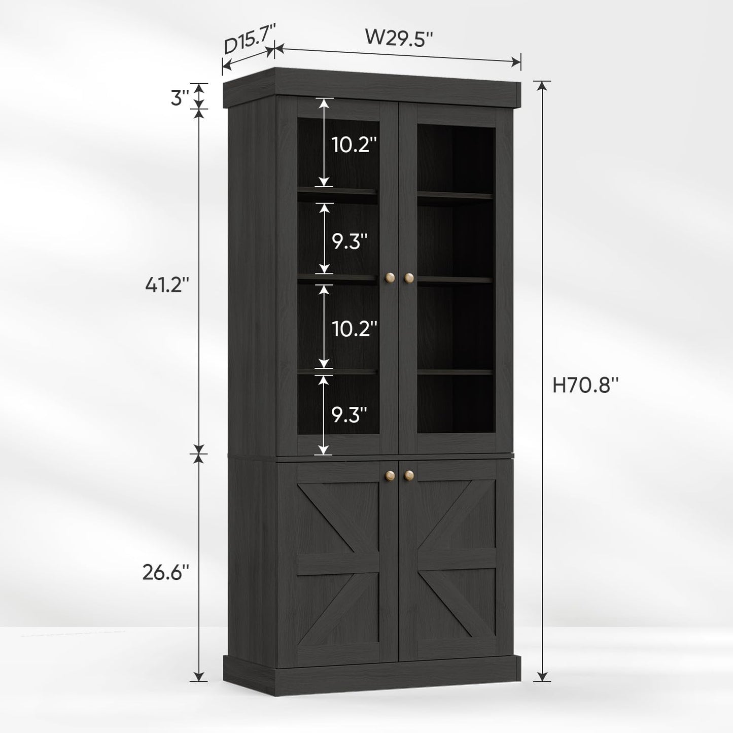 Black Farmhouse Bookcase with Glass Doors | Elegant and Display Cabinet