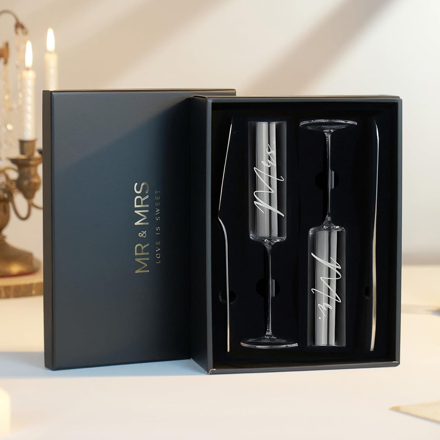 Mr. & Mrs. Champaigne Flutes & Cake Serve Set with Elegant Bridal Gift Box Set