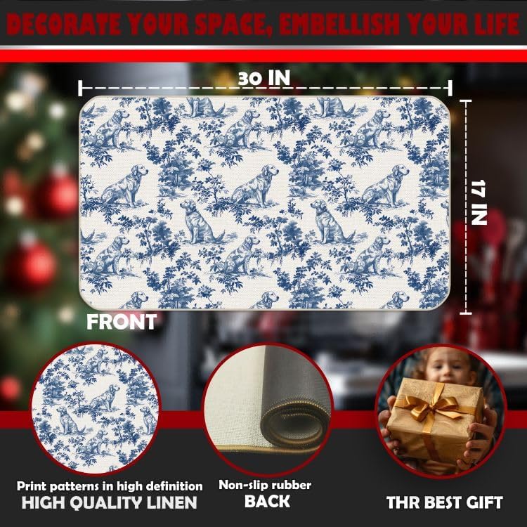 Blue & White Golden Retriever Chinoiserie Door Mat - Non-Slip Indoor/Outdoor Welcome Rug
