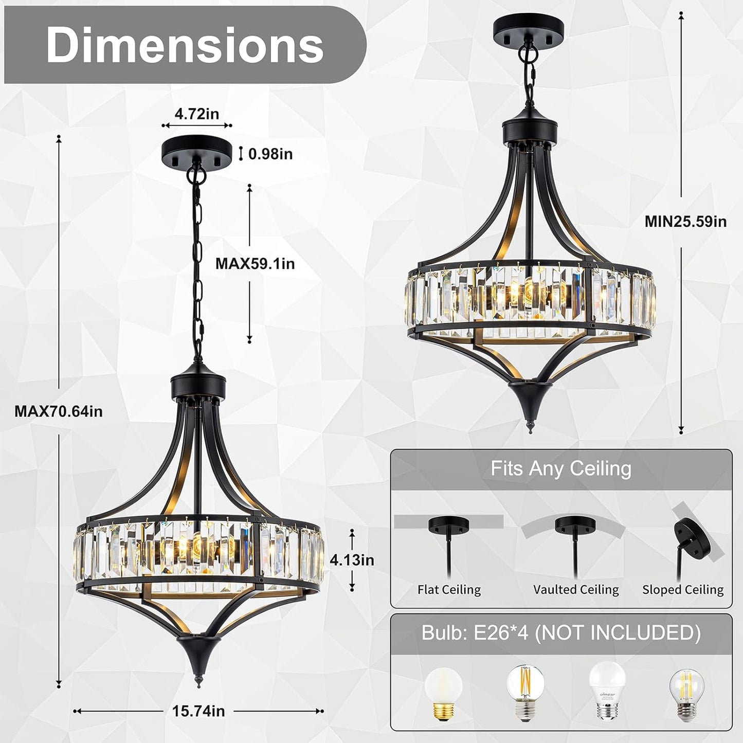 Modern Black Crystal Chandelier | Elegant 4 Light Farmhouse Statement Lighting