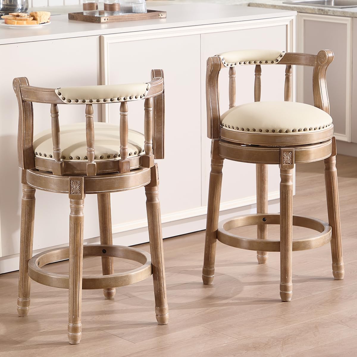Rustic Swivel Bar Stool with Upholstered Seat | Modern Farmhouse Kitchen Counter Seating