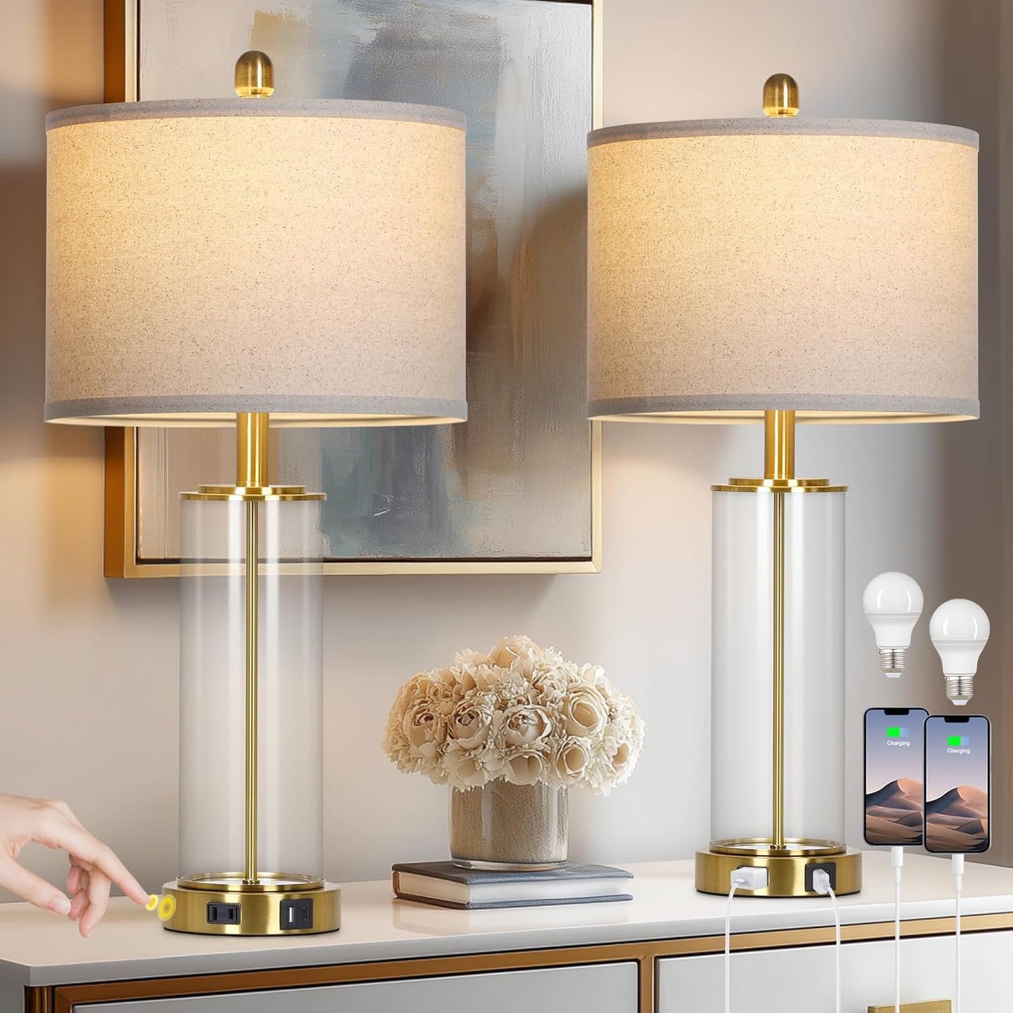 Modern Gold Glass Table Lamps Set of 2 USP Charging Ports