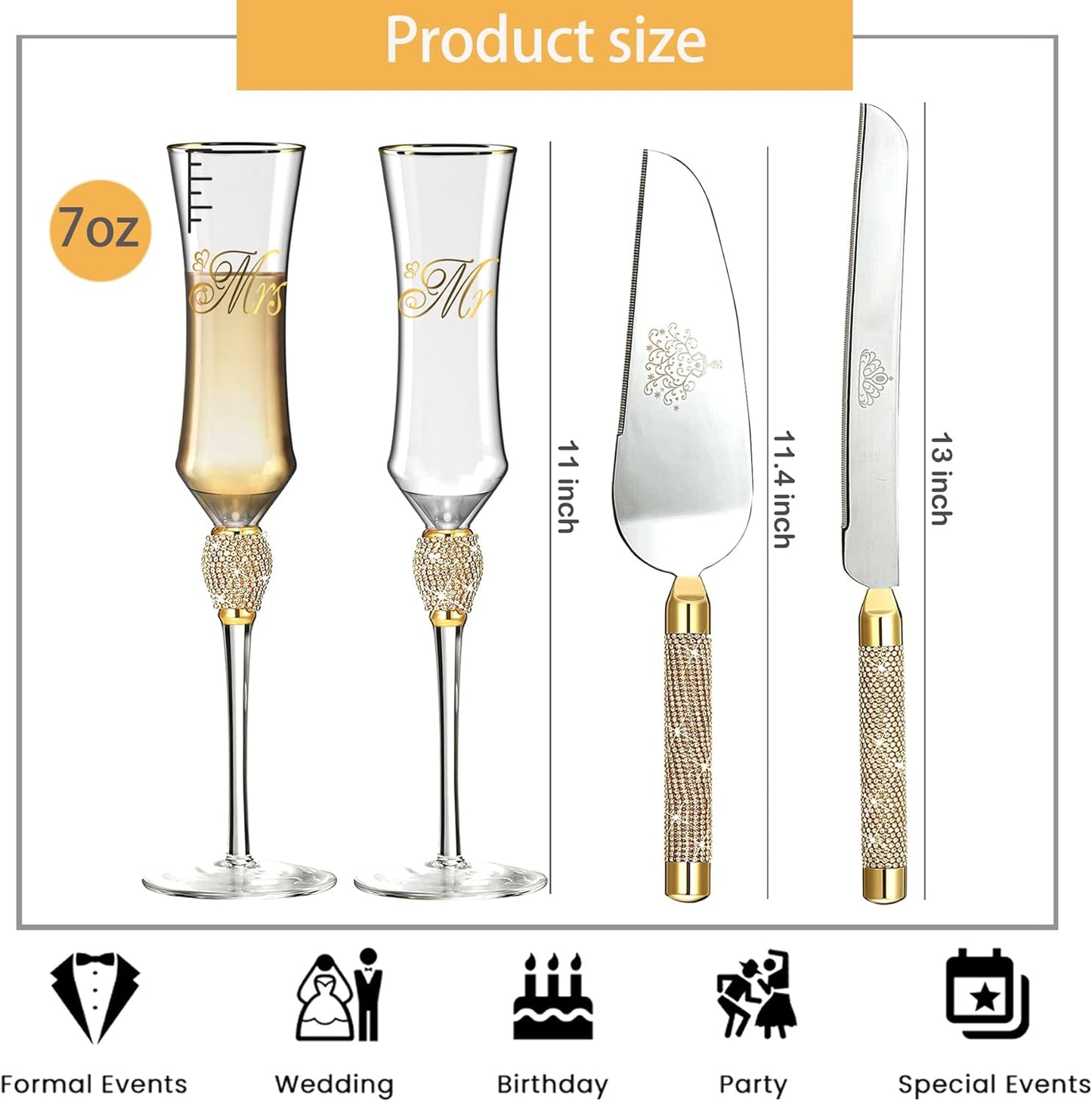 Gold Wedding Cake Knife & Server Set with Mr. & Mrs. Champaigne Flutes - Elegant Crystal Wedding Toasting Glasses & Cake Cutting Set for Bridal Shower and Enegagement Gifts