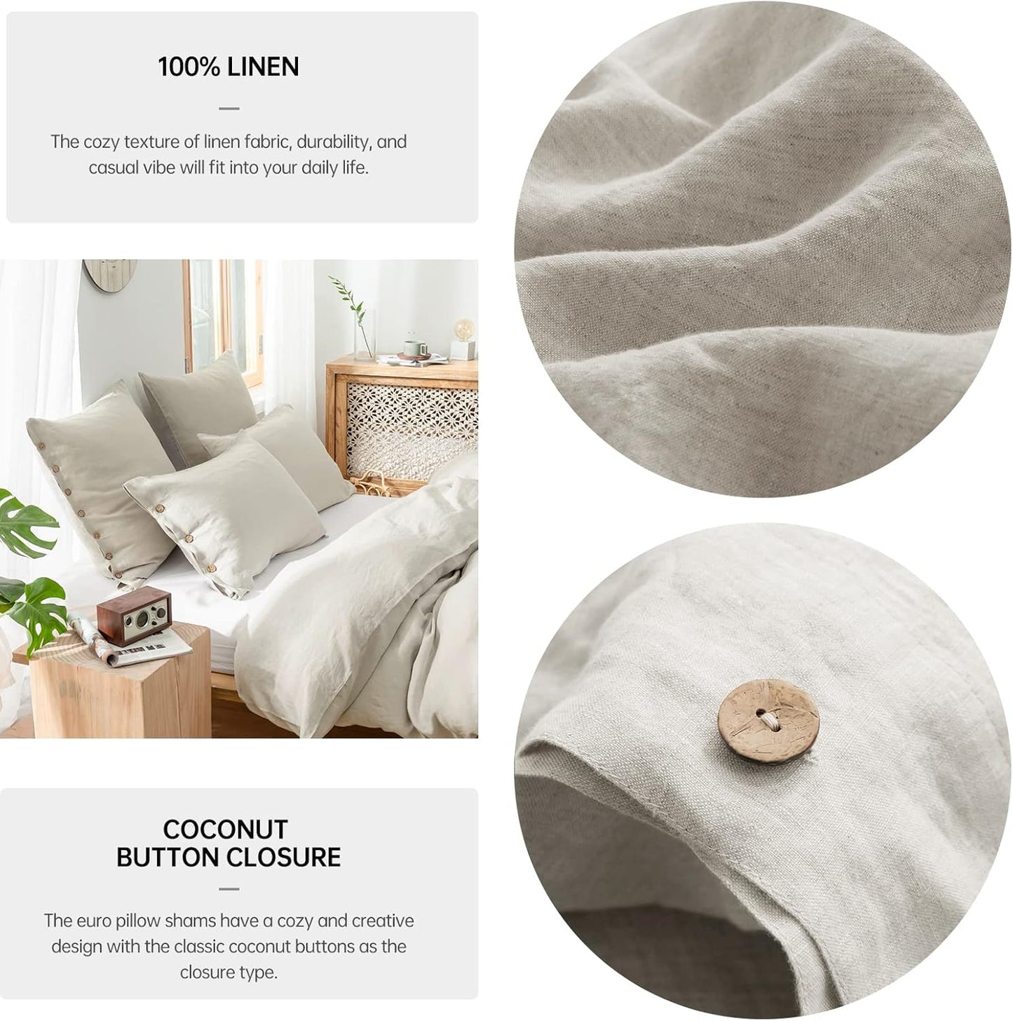 Washed Linen Euro Sham Covers with Coconut Button Closure