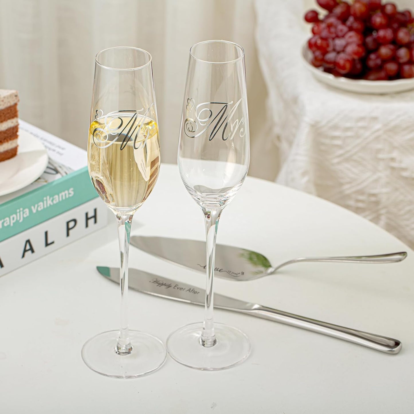 Elegant Wedding Cake Knife & Server Set with Mr. & Mrs. Champagne Flutes