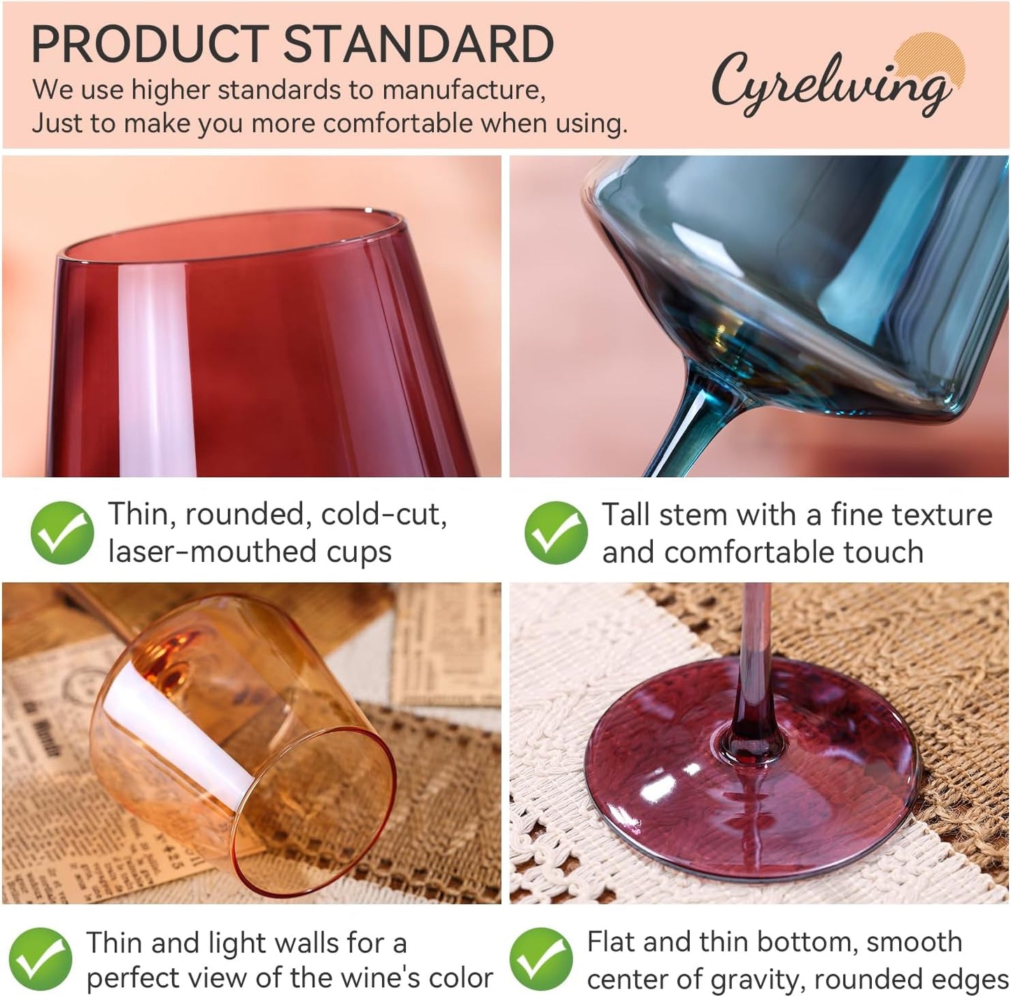 Muted Earth Colored Wine Glass Set of 6 Hand Blown Colored Crystal Glassware