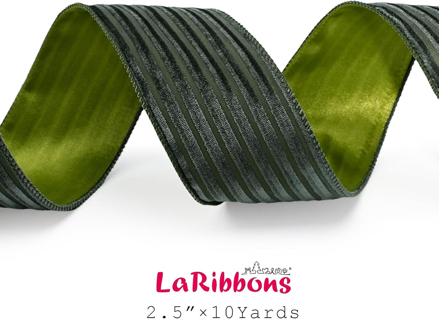 Green Striped Velvet Wired Ribbon - 2.5x10 Yards