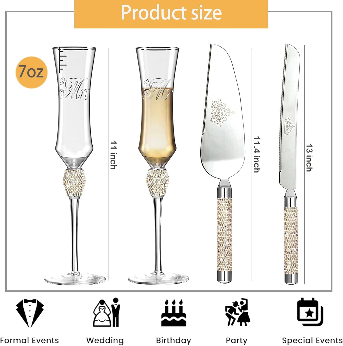 Elegant Wedding Cake Knife & Server Set with Mr. & Mrs. Champaigne Flutes - Colorful Rhinestones