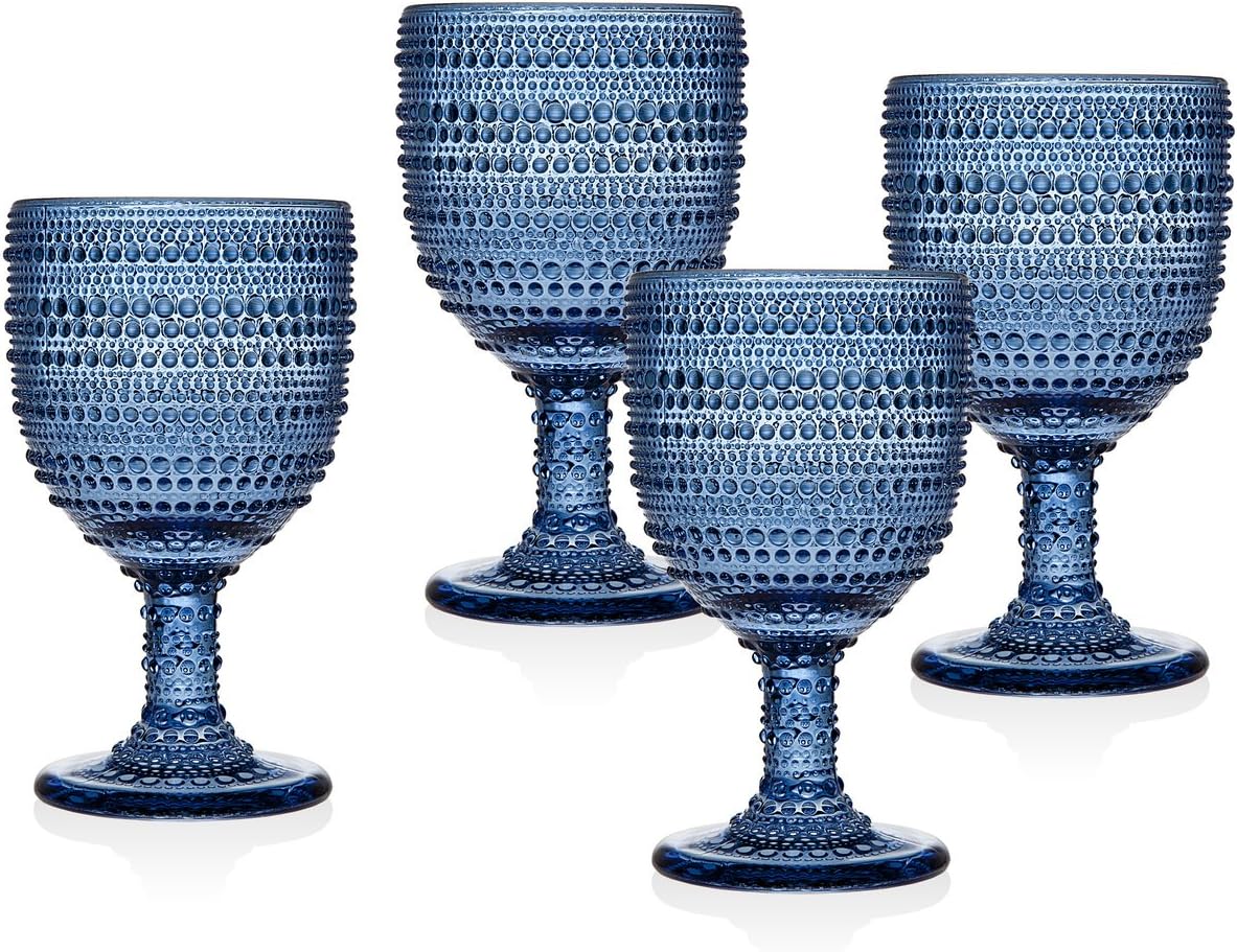 Vintage-Inspired Blue Hobnail Wine Goblets-Set of 4