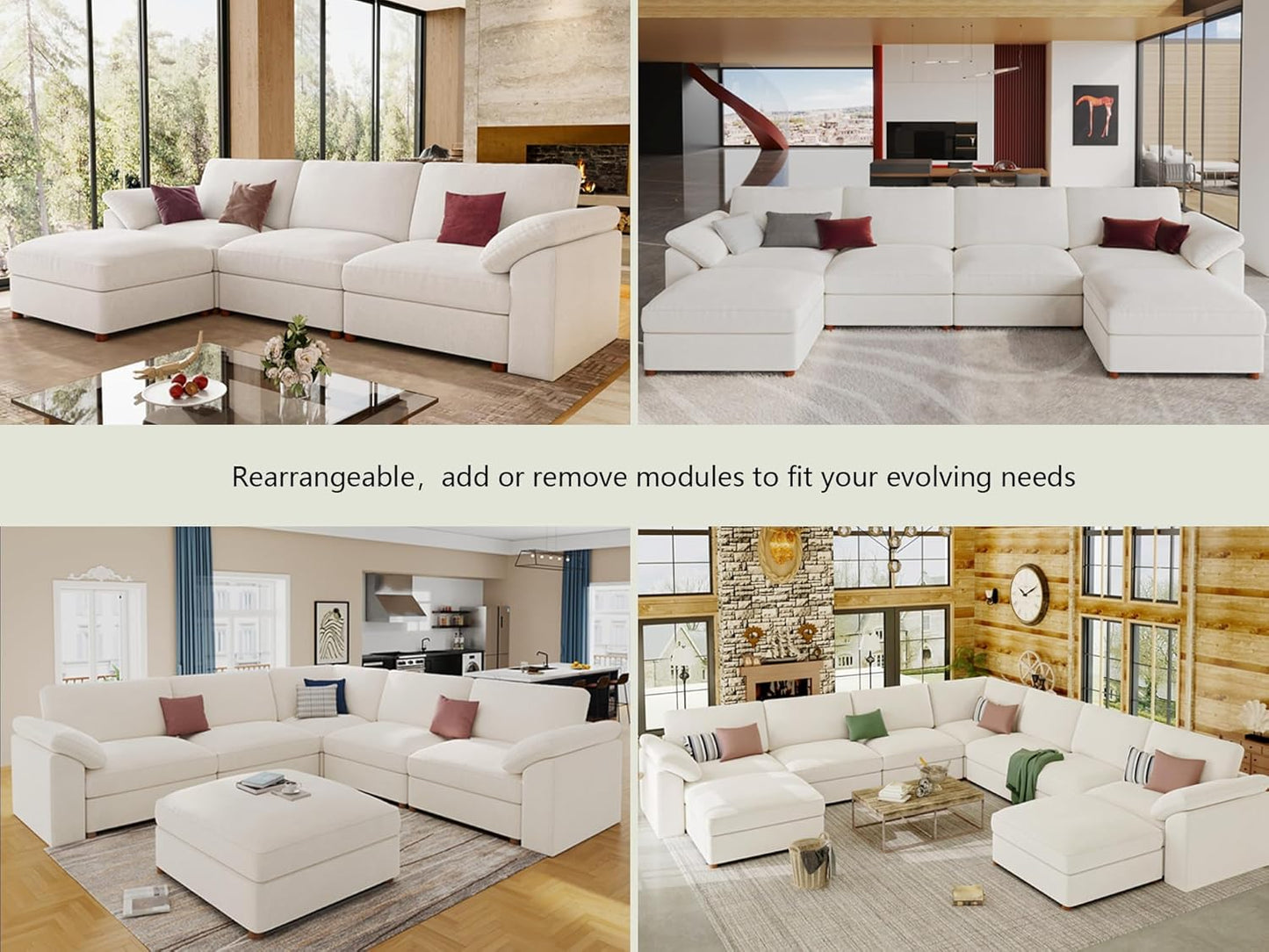 Luxury White Modular Cloud Sectional Sofa | Oversized Deep Seat U-Shaped Couch