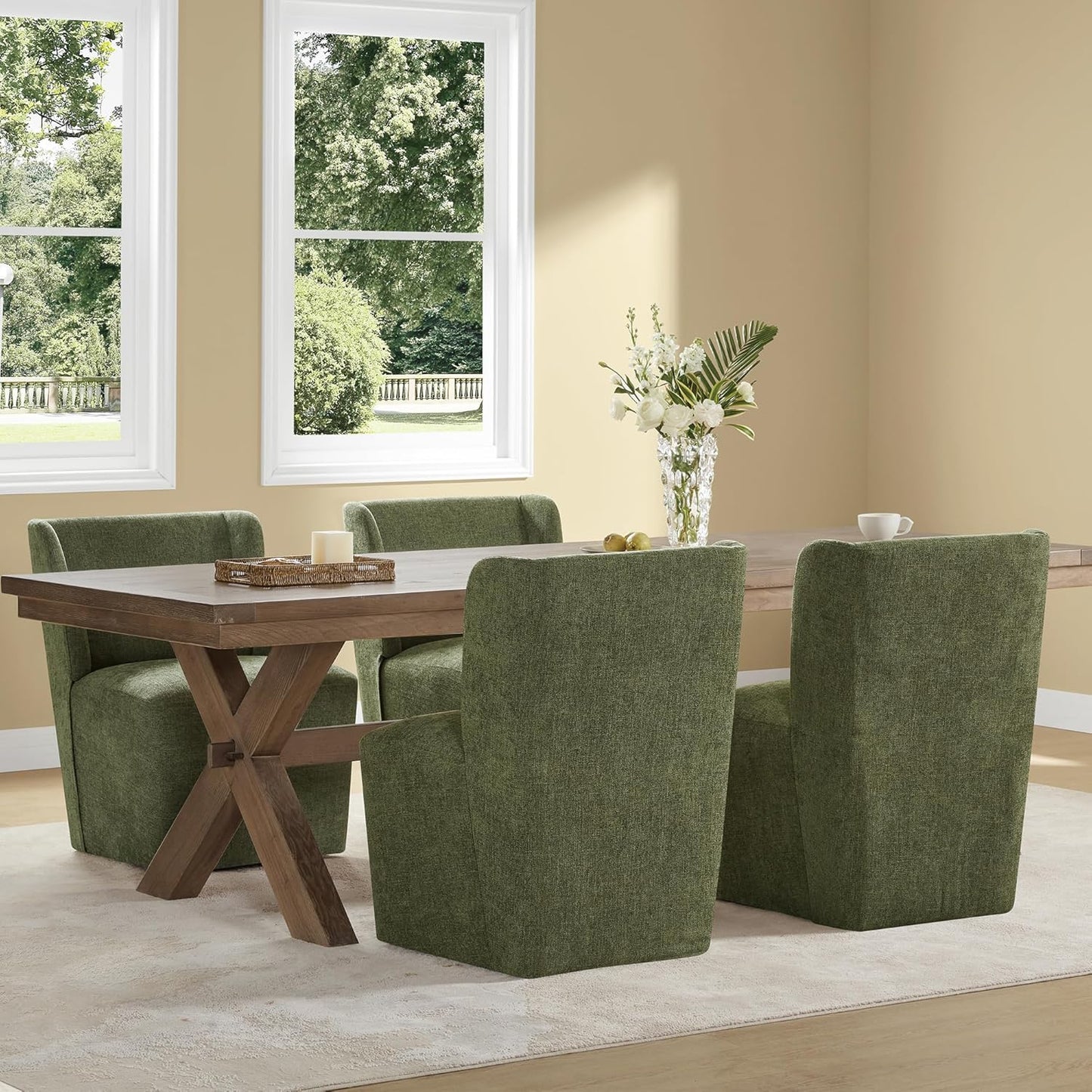 Olive Green Upholstered Dining Chairs with Casters | Modern Farmhouse Dining Room Inspiration