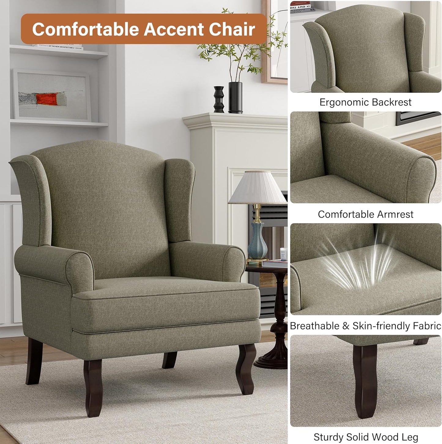 Light Camel Wingback Accent Chairs Set of 2 (Can buy individually) | Timeless Reading Chairs for Elegant Living Spaces
