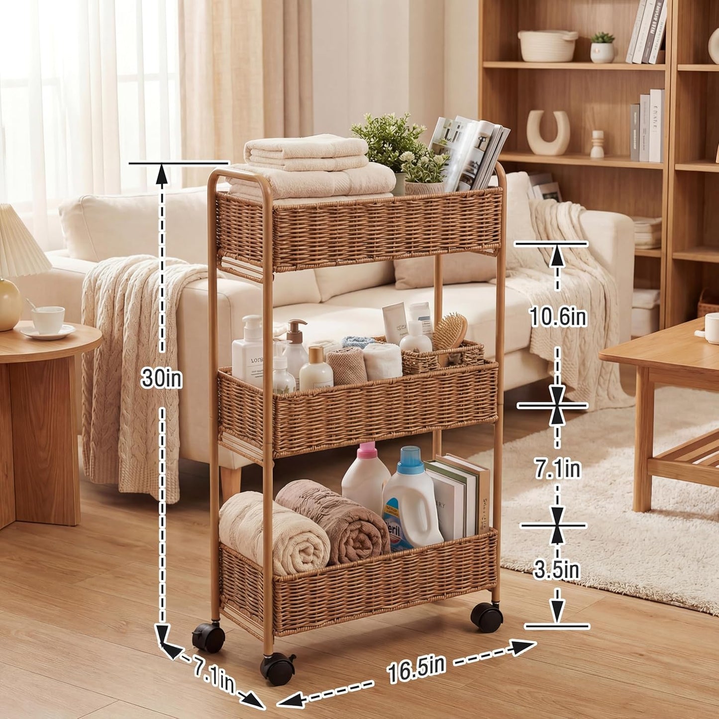 Slim Rolling Storage Cart - Woven Rattan 3- Tier Organizer