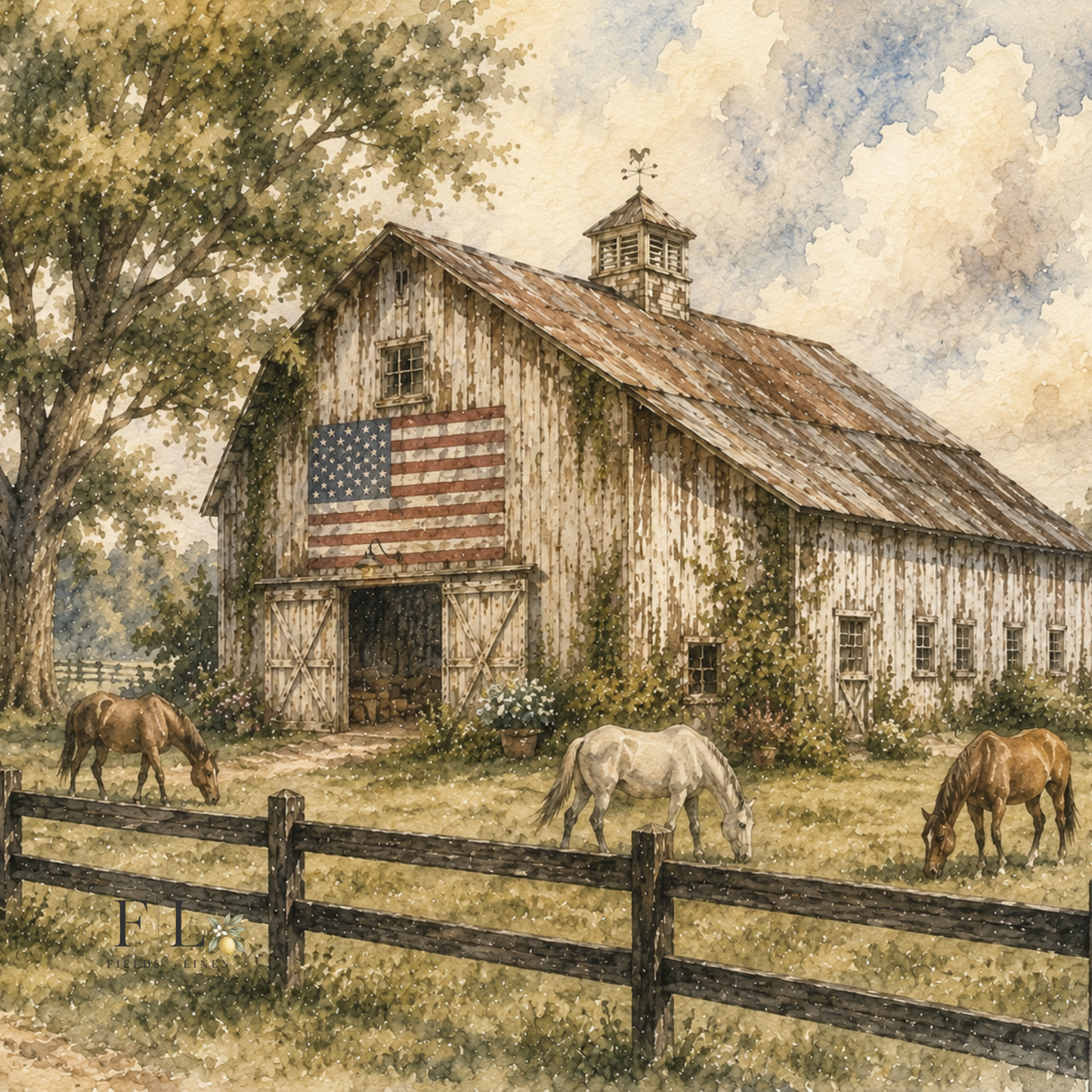Horses Grazing Infront of Barn | Watercolor Clipart PNG