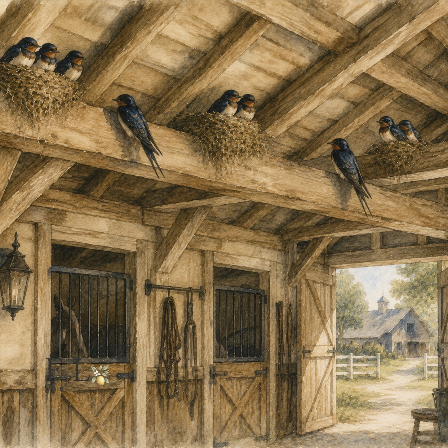 Barn Swallows in Stable Rafters Watercolor Clipart PNG