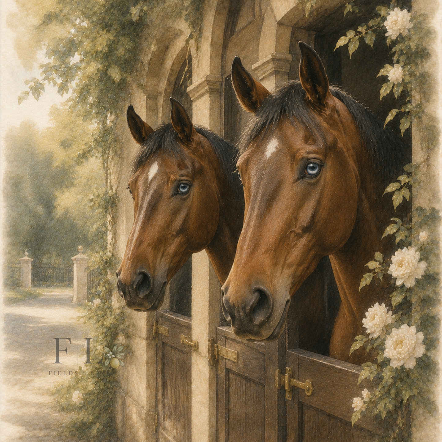 Two Horses Looking Out of Stable | Watercolor Clipart PNG