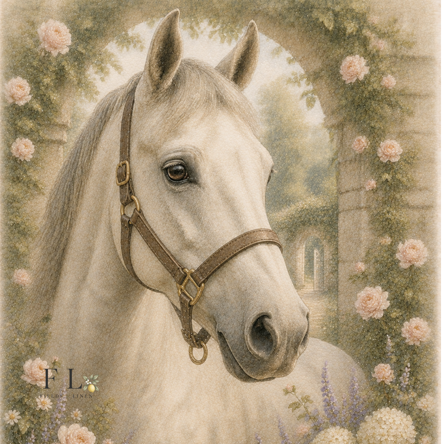 White Horse Portrait with Garden Roses | Watercolor Clipart PNG