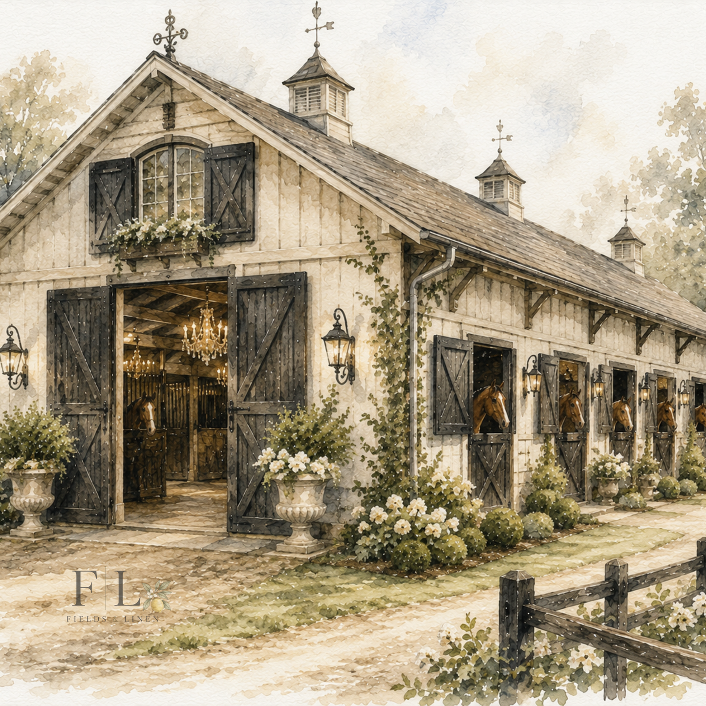 Elegant English horse Stable Watercolor Clipart PNG