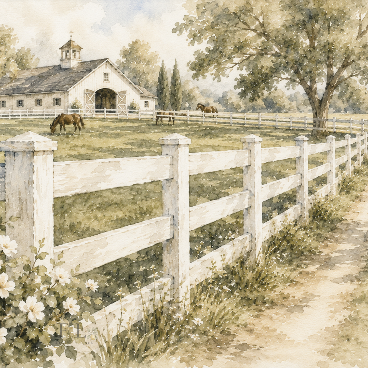 White Fence Leading to Horse Farm Watercolor Clipart PNG