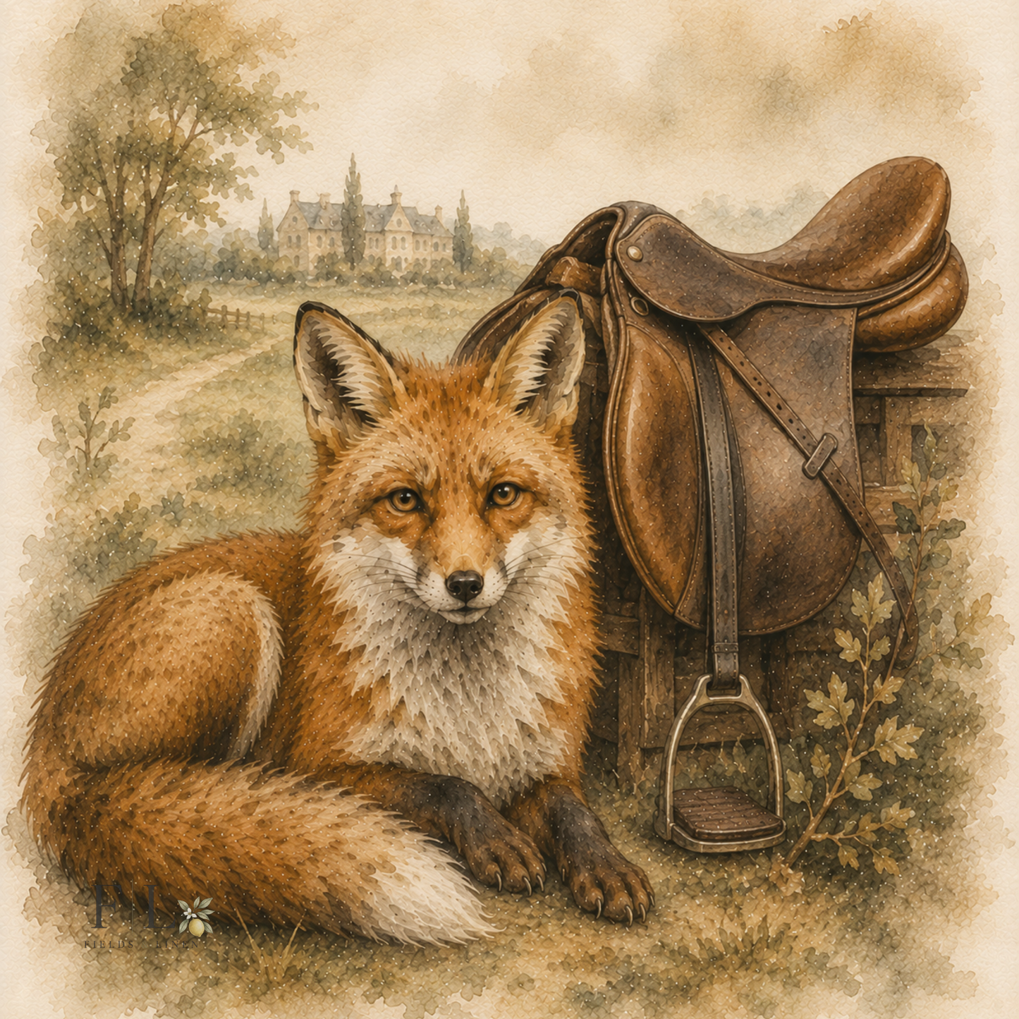 Fox Beside English Saddle Watercolor PNG