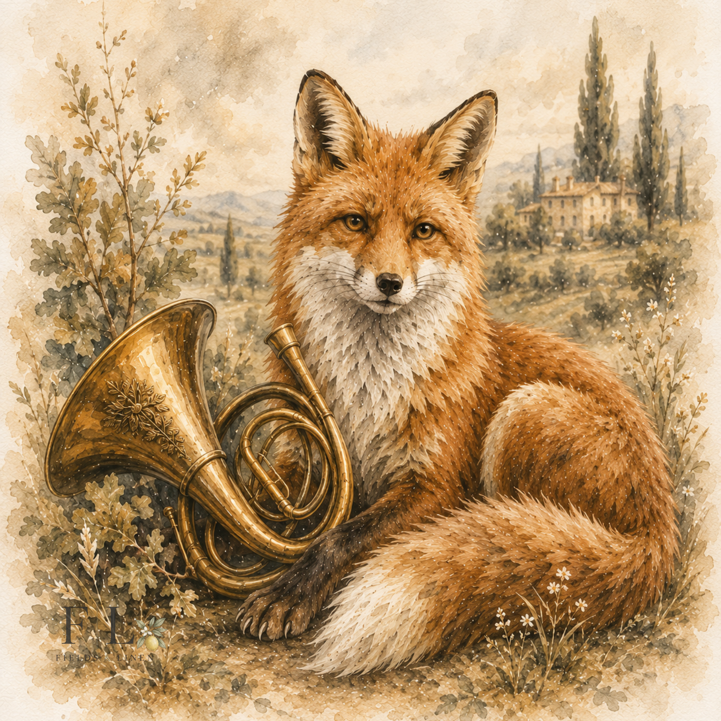 Fox and Hunting Horn Watercolor Clipart PNG