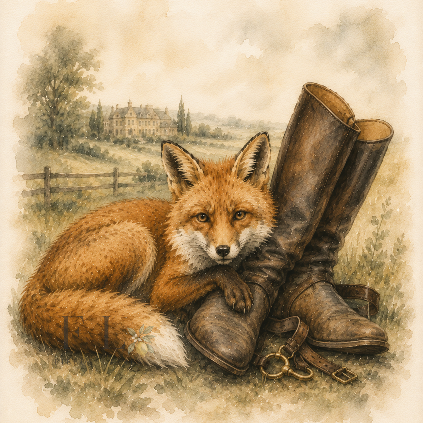 Sleeping Fox with Hunting boots Watercolor Clipart PNG