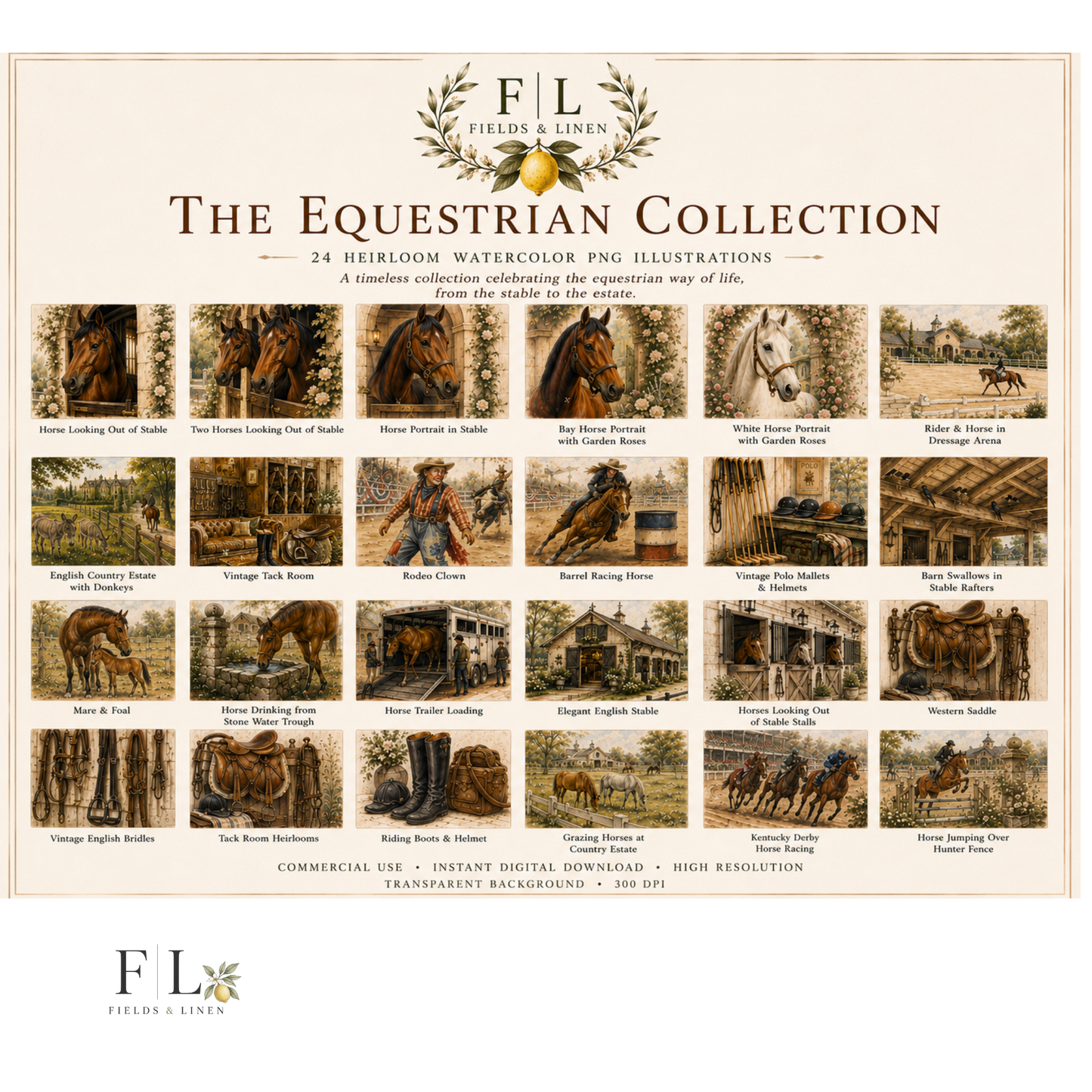 The Equestrian Collection - 24 Watercolor Clipart PNG