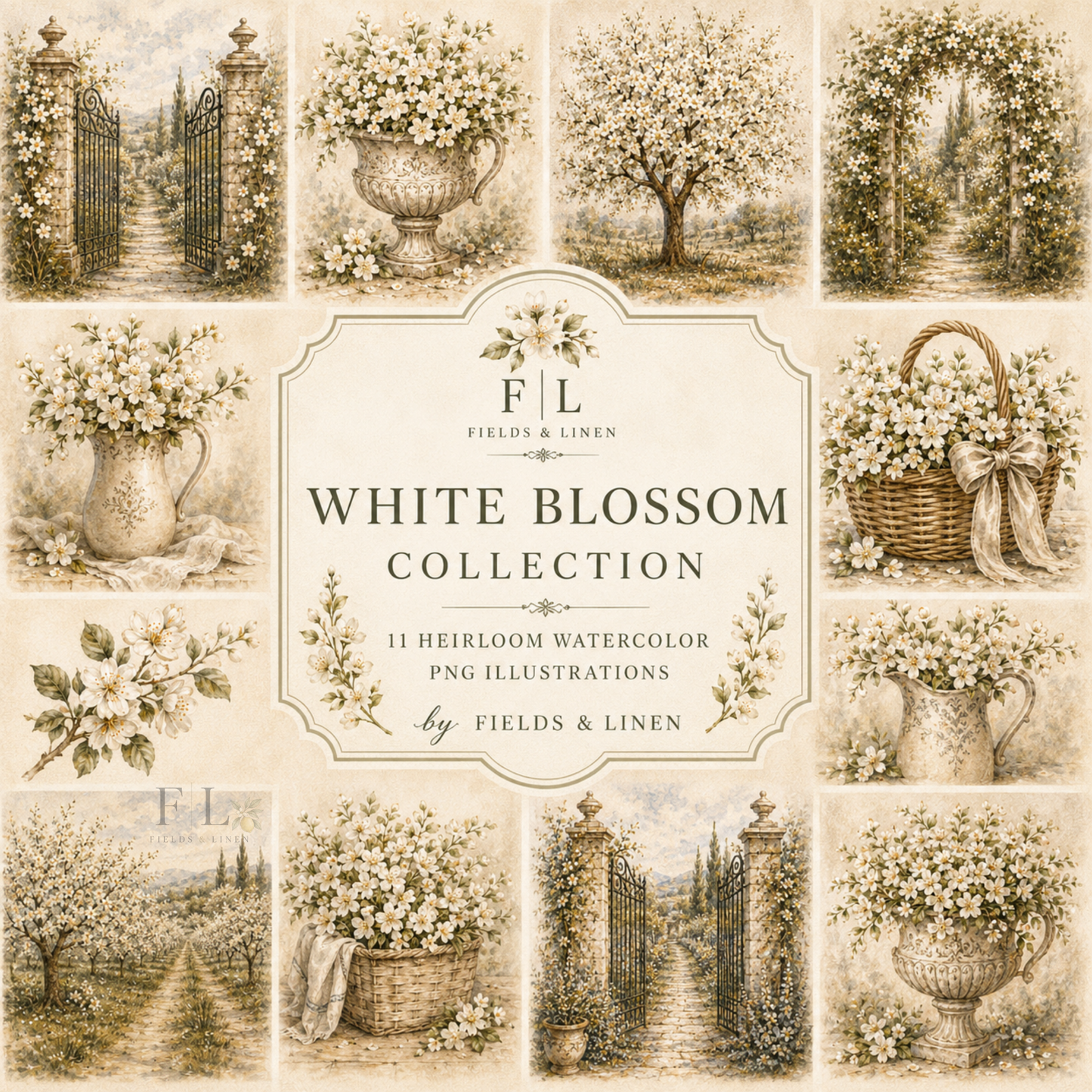 White Blossom collection | 11 Heirloom Watercolor Botanical PNG Clipart Bundle