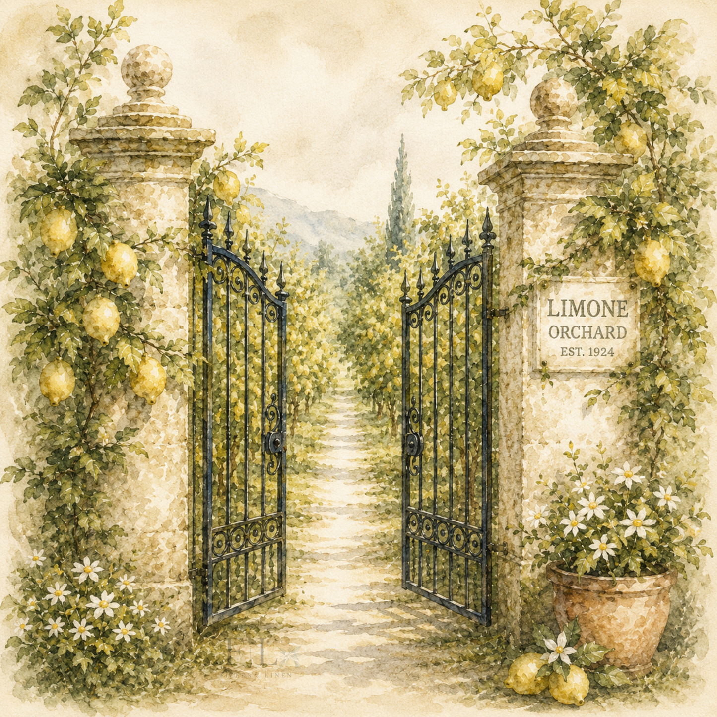 Lemon Orchard Estate Gate | Heirloom Watercolor Digital Download