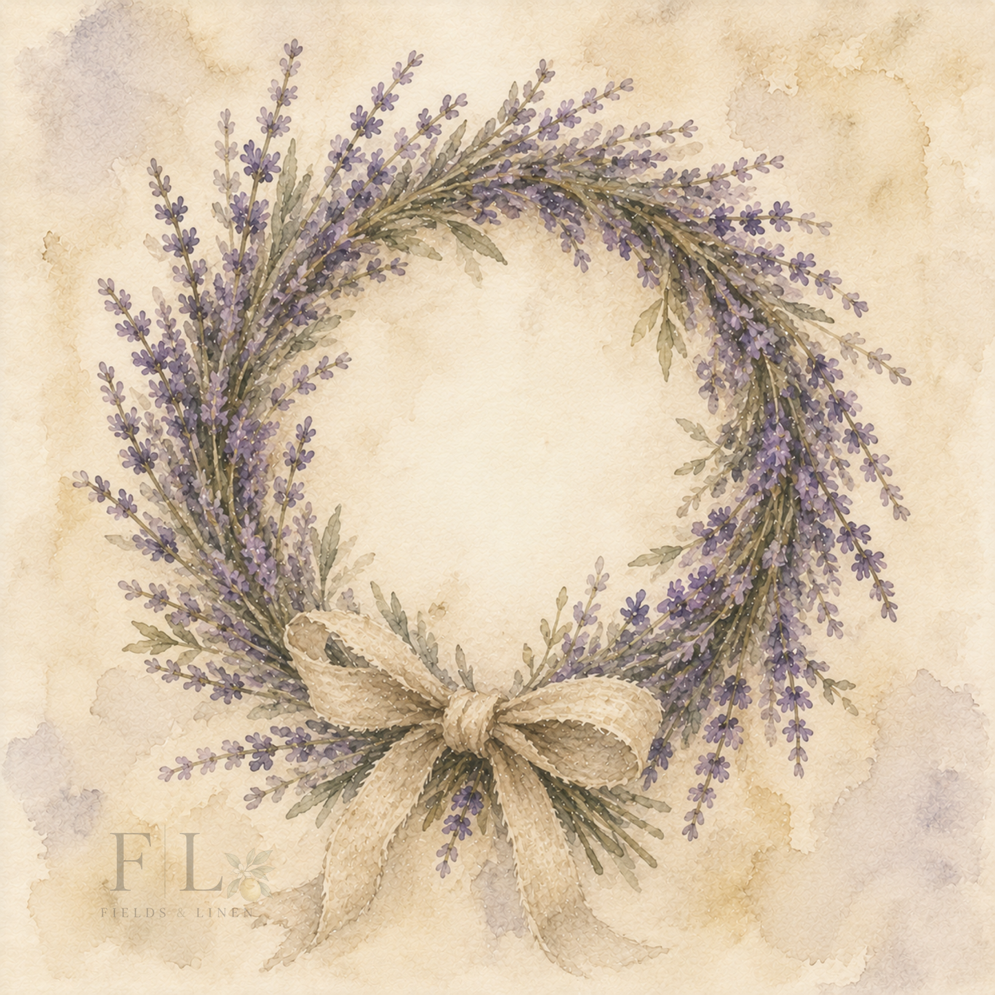 Lavender Wreath with Linen Ribbon | Watercolor PNG Clip Art