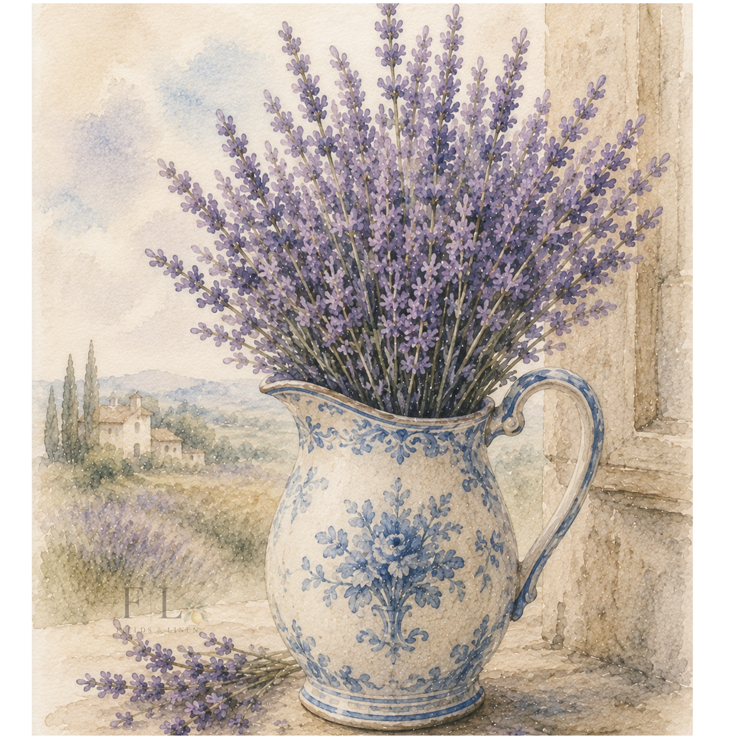 Blue & White Pitcher Filled with Lavender | Watercolor PNG Clipart