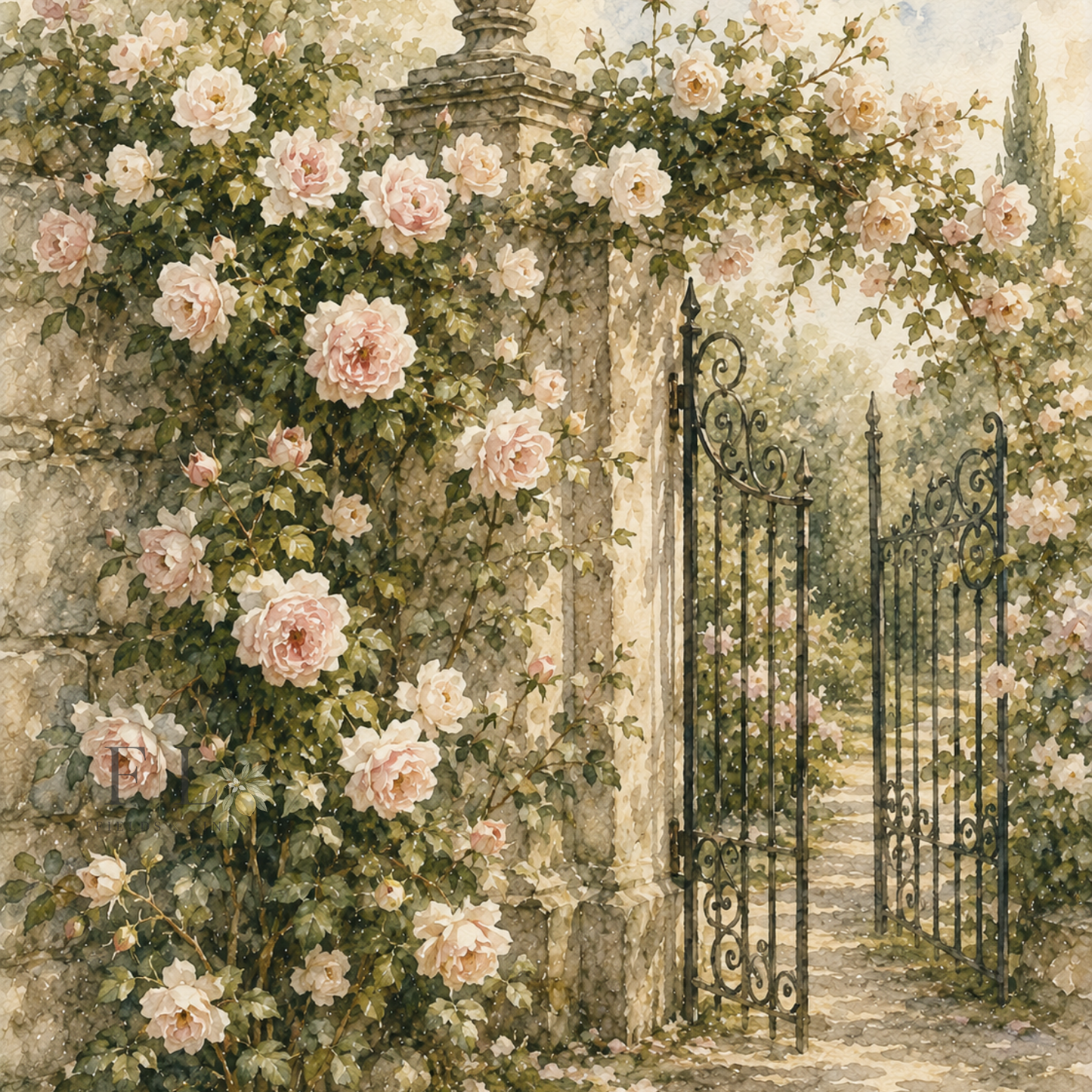Estate Garden Gate with Climbing Roses | Heirloom Watercolor Digital Clipart