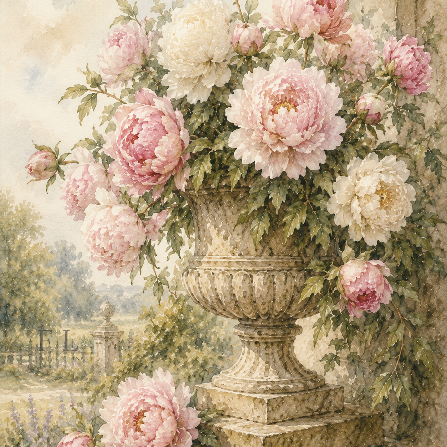 Classical Stone Urn with Peonies | Heirloom Watercolor Digital Clip Art