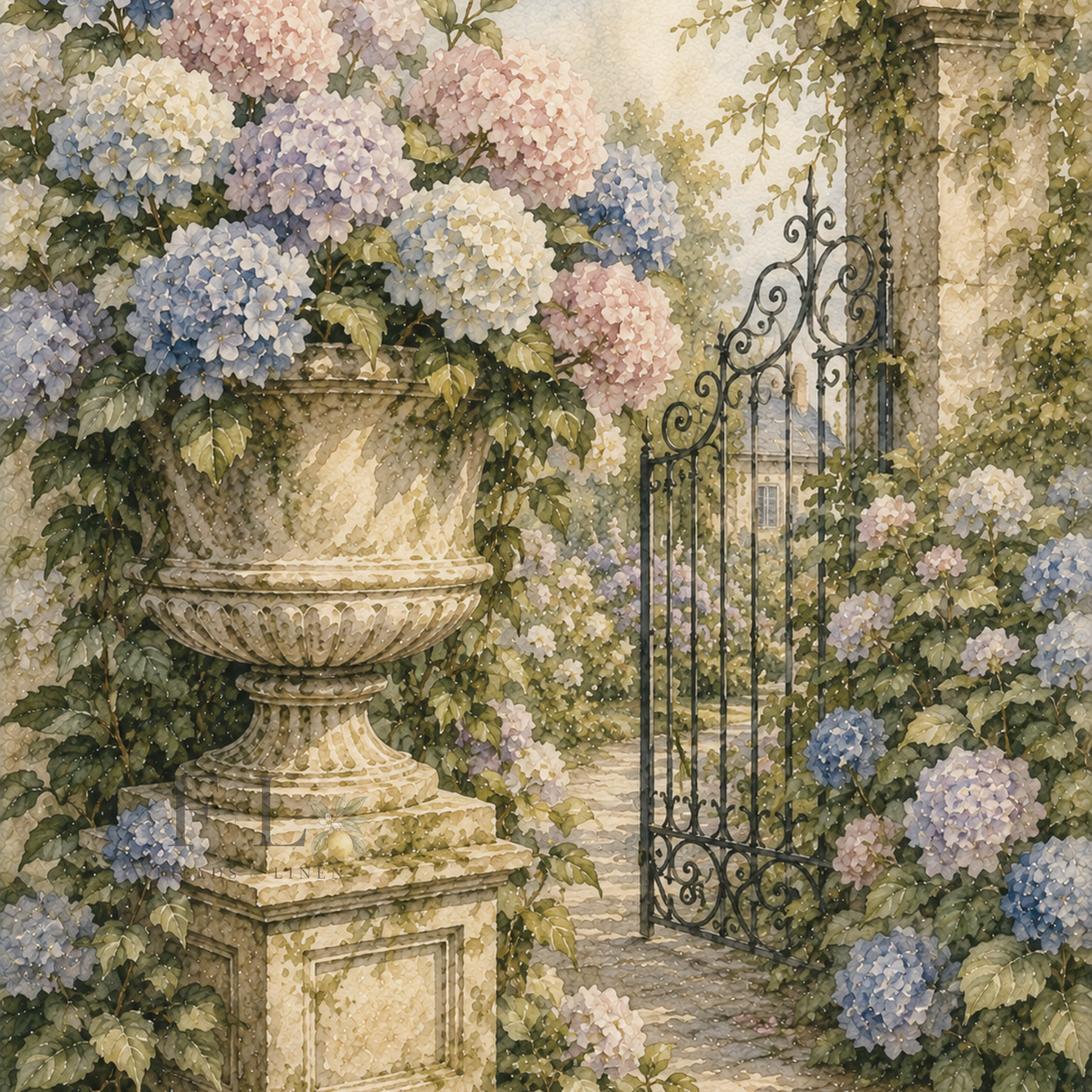 Estate Gate with Hydrangeas | Heirloom Watercolor Digital Clipart