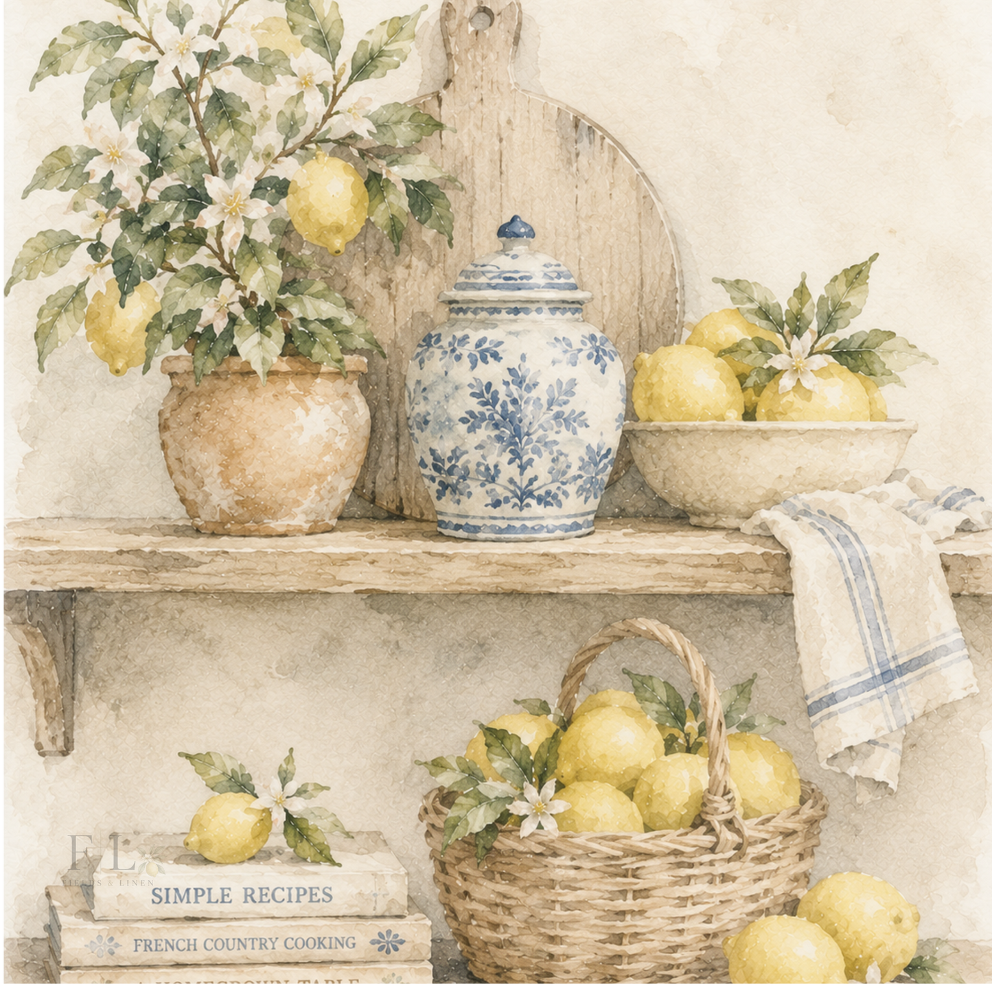 Rustic Lemon Kitchen Shelf | Heirloom Watercolor PNG Clipart