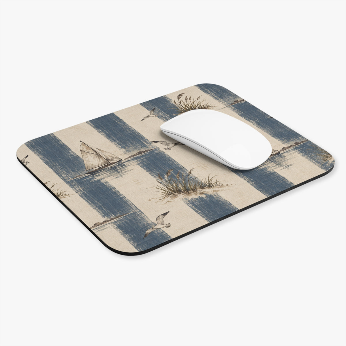 Sails & Seagulls | Coastal Striped Mouse Pad (Rectangle)