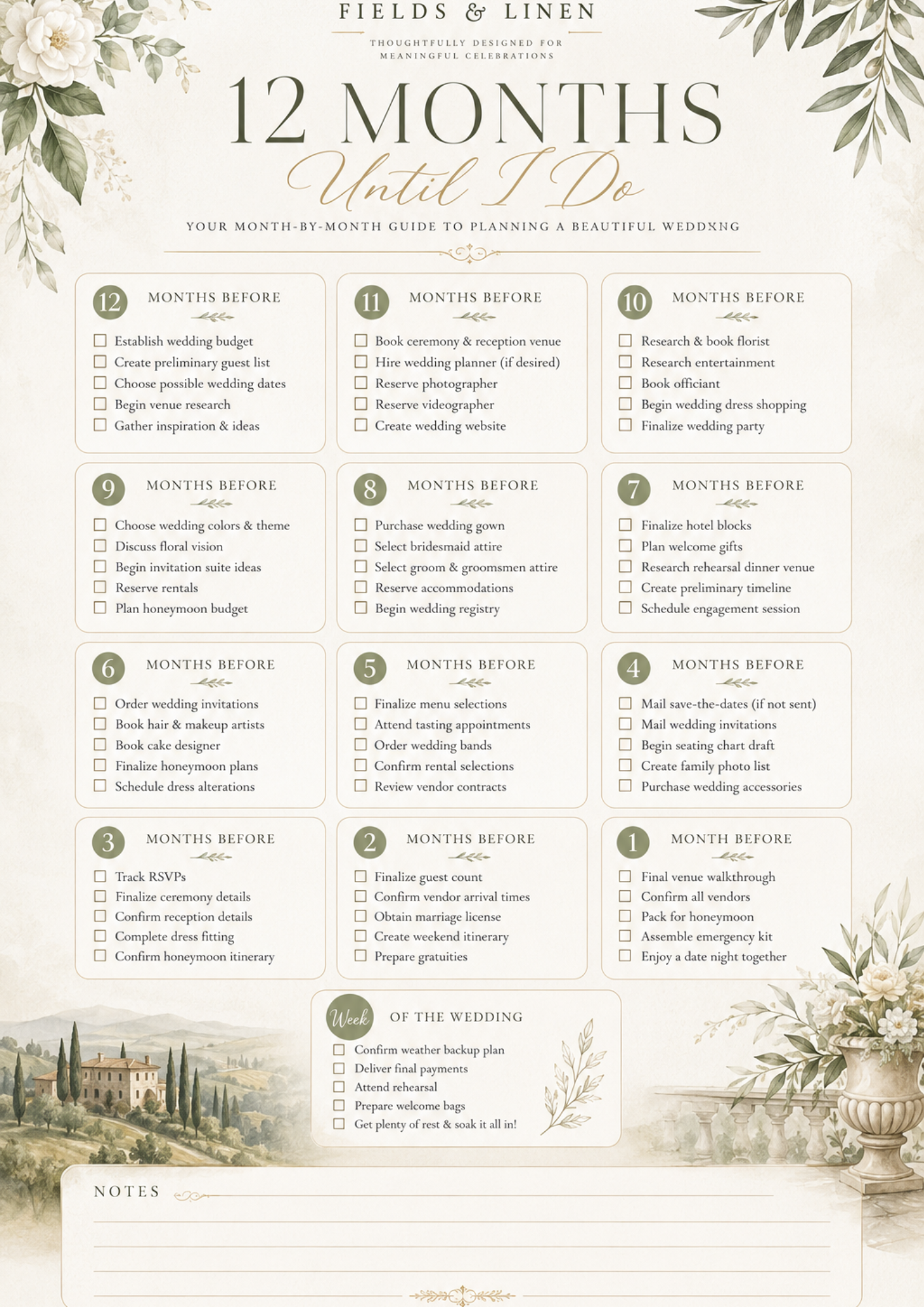 Fields & Linen Wedding Planner | 20 Page Printable Wedding Planning Journal PDF