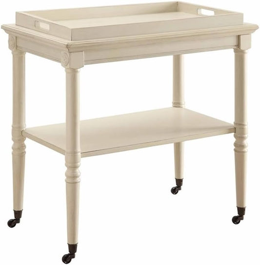 French Country Tray Table | Antique White Accent Table with Casters