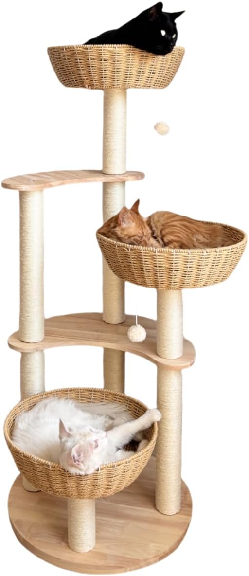 Modern Ratten Cat Tree | Stylish Solid Wood Cat Tower