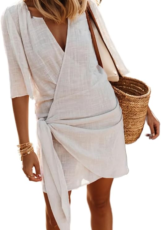 Bohemian Cotton Linen Wrap Dress - Effortless Summer Style