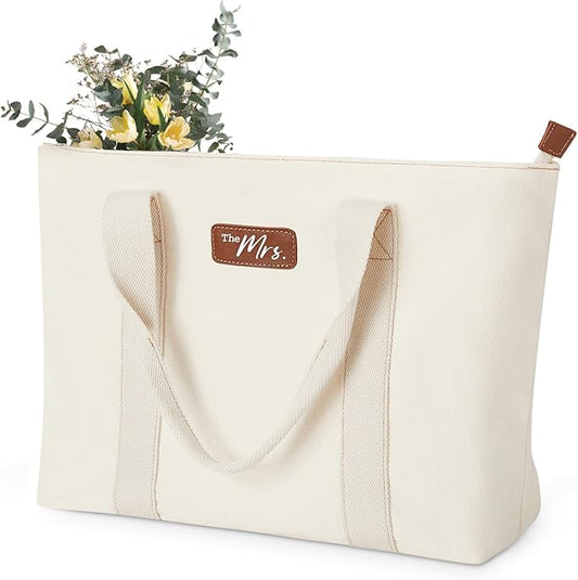 Mrs. Canvas Bridal Tote Bag - Large Zippered Wedding Gif Bag for the Bride