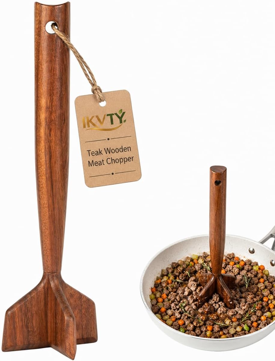Teak Wood Meat Chopper \ Nonstick-Safe Ground Beef Masher Kitchen Tool