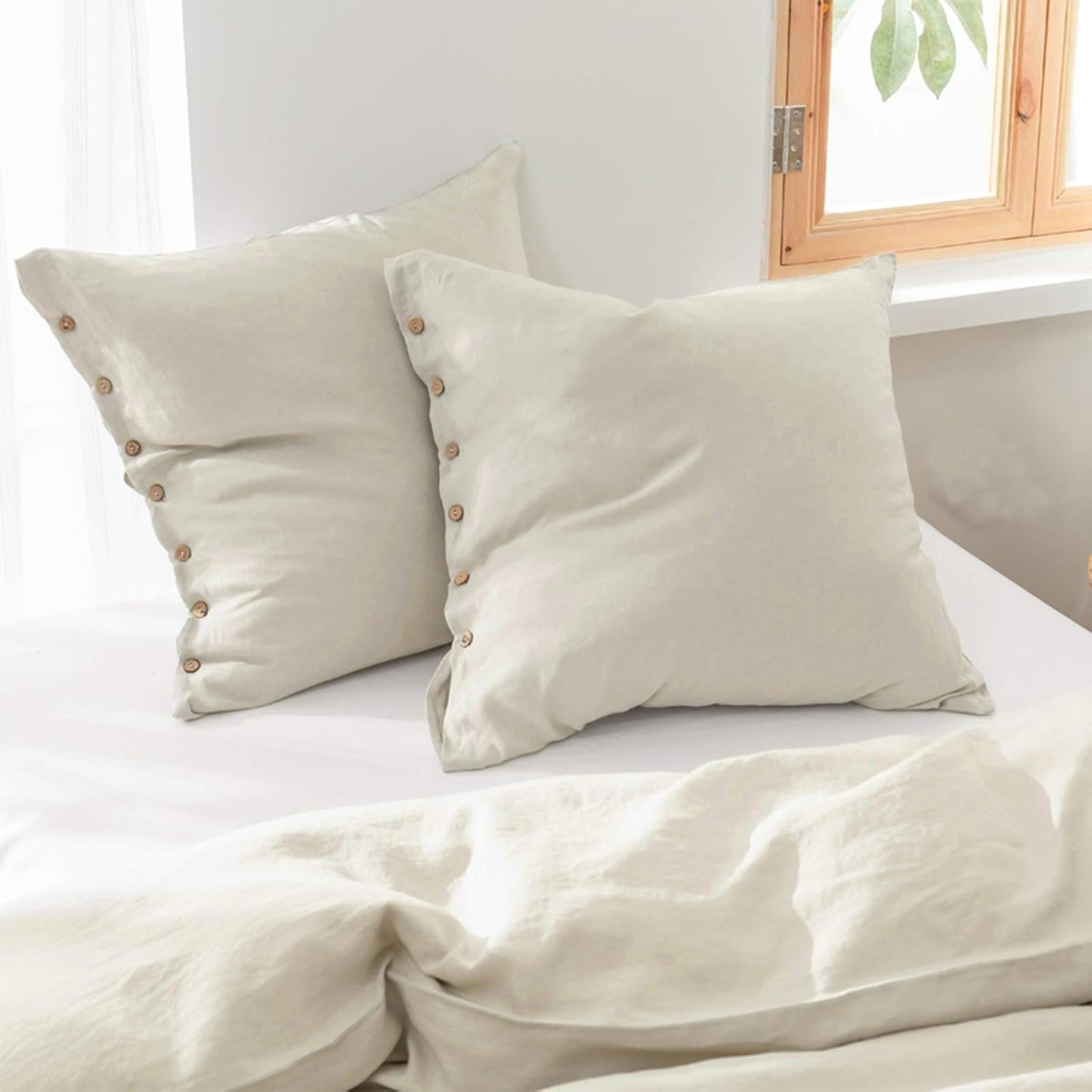 Washed Linen Euro Sham Covers with Coconut Button Closure