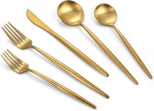 Vintage Matte Gold Flatware Set-Modern Satin Stainless Steel Cutlery Collection