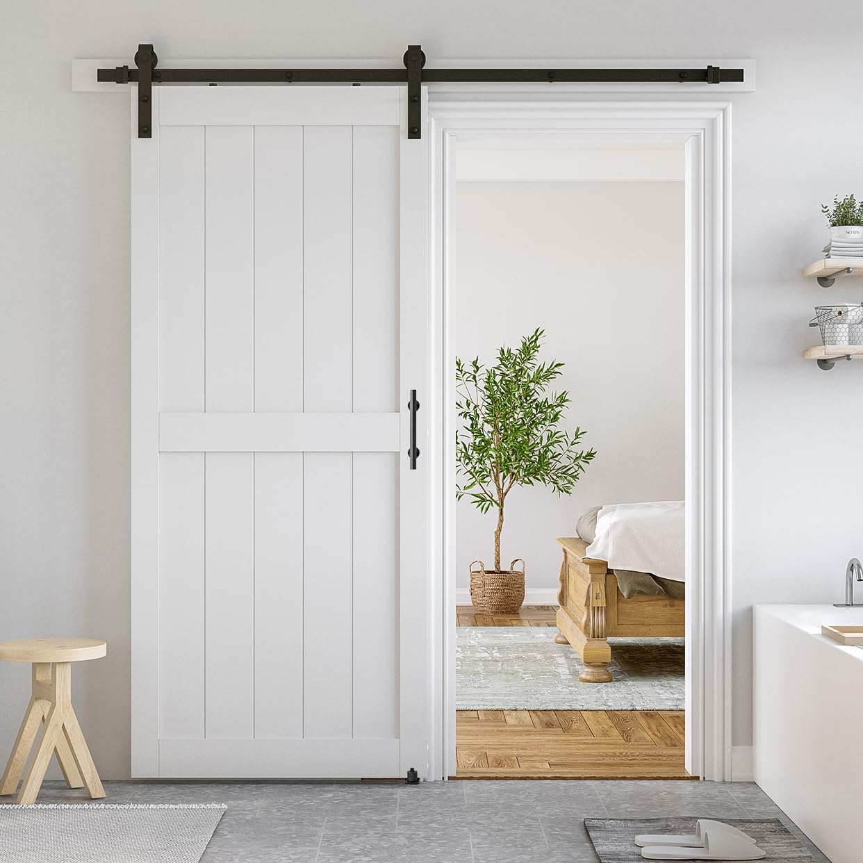 Smart Standard White Sliding Barn Door with Black Hardware Kit