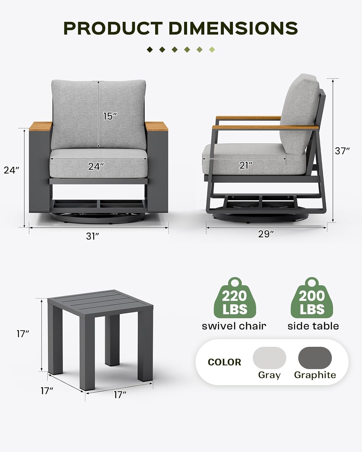 3-Piece Outdoor Swivel Patio Chair Set with Side Table