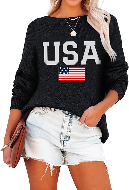 USA American Flag Lightweight Knit Sweater - Patriotic Women's Crewneck Pullover