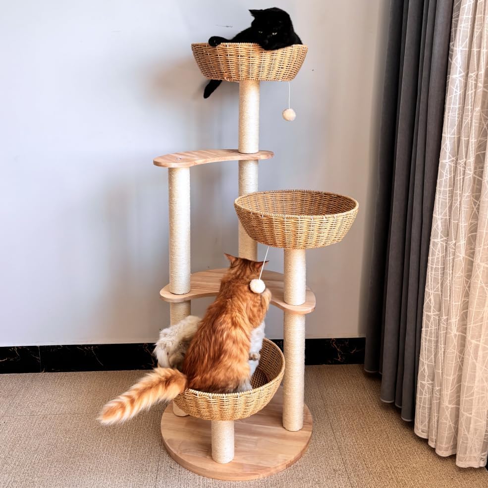 Modern Ratten Cat Tree | Stylish Solid Wood Cat Tower